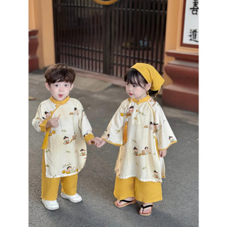 Áo dài tết cho bé gái, áo dài cách tân bé trai, áo dài trẻ em chất liệu đũi tơ mix Linen cao cấp
