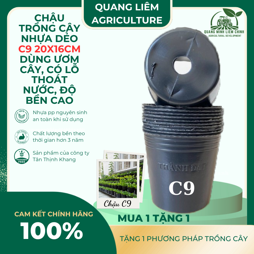 [5 cái] Chậu Trồng Cây Nhựa Dẻo C9 - KT: 20x16cm có lỗ thoát nước, dày dặn, mày đen, độ bền cao