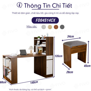 Bộ Bàn Ghế Học Tập, Bàn Làm Việc Kết Hợp Kệ Sách FD04 FIVO, Gỗ Chống Ẩm Cao Cấp, Lắp Ráp Đơn Giản, Thiết Kế 3 Trong 1.