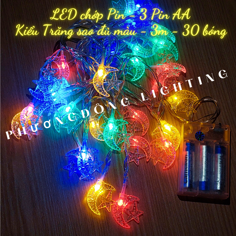 Đèn LED Chớp Pin Bi Đục Trăng sao Ông Già Noel Trái châu merry Xài Pin AA