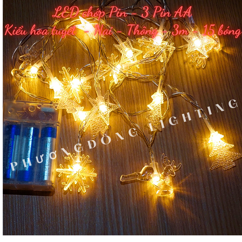 Đèn LED Chớp Pin Bi Đục Trăng sao Ông Già Noel Trái châu merry Xài Pin AA
