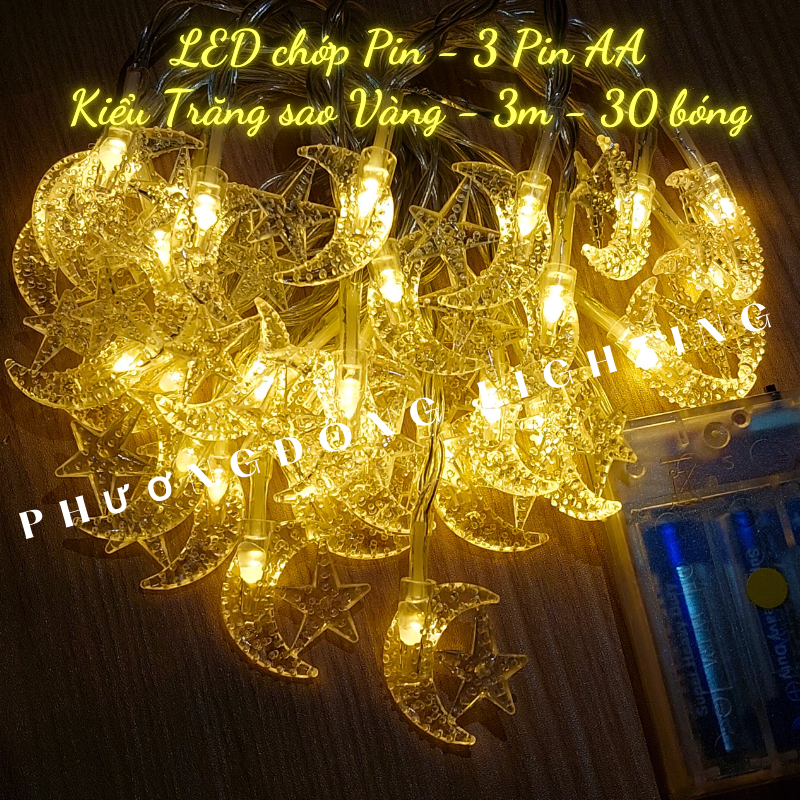 Đèn LED Chớp Pin Bi Đục Trăng sao Ông Già Noel Trái châu merry Xài Pin AA