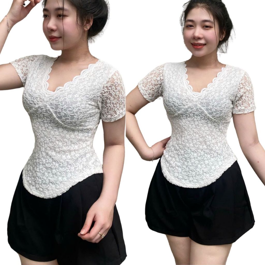 Áo Thun nữ Bigsize Vải Ren Lưới ESHOP Áo Thun Nữ Tay Ngắn Cổ V Kiểu Trời Trang Đẹp Ôm Body MS5013