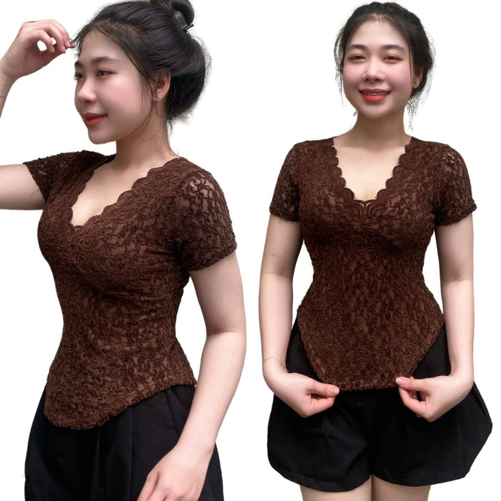 Áo Thun nữ Bigsize Vải Ren Lưới ESHOP Áo Thun Nữ Tay Ngắn Cổ V Kiểu Trời Trang Đẹp Ôm Body MS5013