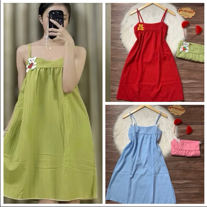 Đầm váy ngủ dây bản to nhún thun mặc nhà mặc ngủ dễ thương vải xốp phom dưới 57kg - D01