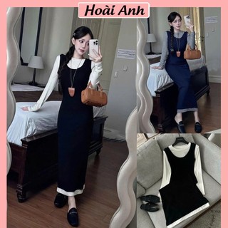 Set Váy 2 Món Áo Thun Trơn Dài Tay Mix Váy Yếm Dáng Dài Phối Viền Gấu Freesize