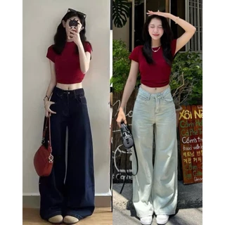 Quần jean bò ống rộng suông xuông nữ jeans cạp cao phong cách style ms05