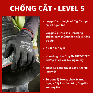Găng tay chống cắt level 5 Milwaukee  48-22-8952  size L, găng tay bảo hộ an toàn
