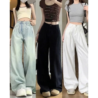 Quần jean bò ống rộng suông xuông nữ jeans cạp cao phong cách style ms16