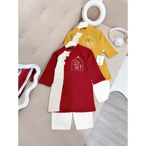 Áo dài cách tân bé trai kèm quần, áo dài tết cho bé trai chất nhung chéo sz 10-30kg