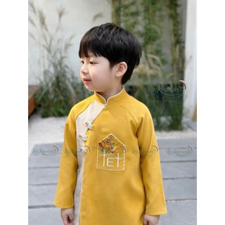 Áo dài cách tân bé trai kèm quần, áo dài tết cho bé trai chất nhung chéo sz 10-30kg
