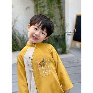 Áo dài cách tân bé trai kèm quần, áo dài tết cho bé trai chất nhung chéo sz 10-30kg