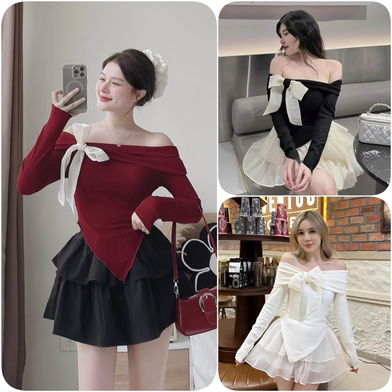 Sét Váy Nữ Nhiều Màu Gồm Áo Trễ Vai Vạt Nhọn Tay Dài Nơ Vai + Chân Váy ...