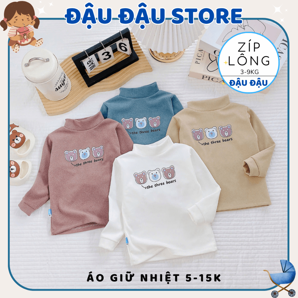 (Loại Đẹp) Áo giữ nhiệt thu đông chất vải nỉ zip lông cổ lọ cho bé trai bé gái gữ ấm 5-15kg ZL01 Đậu Đậu Store