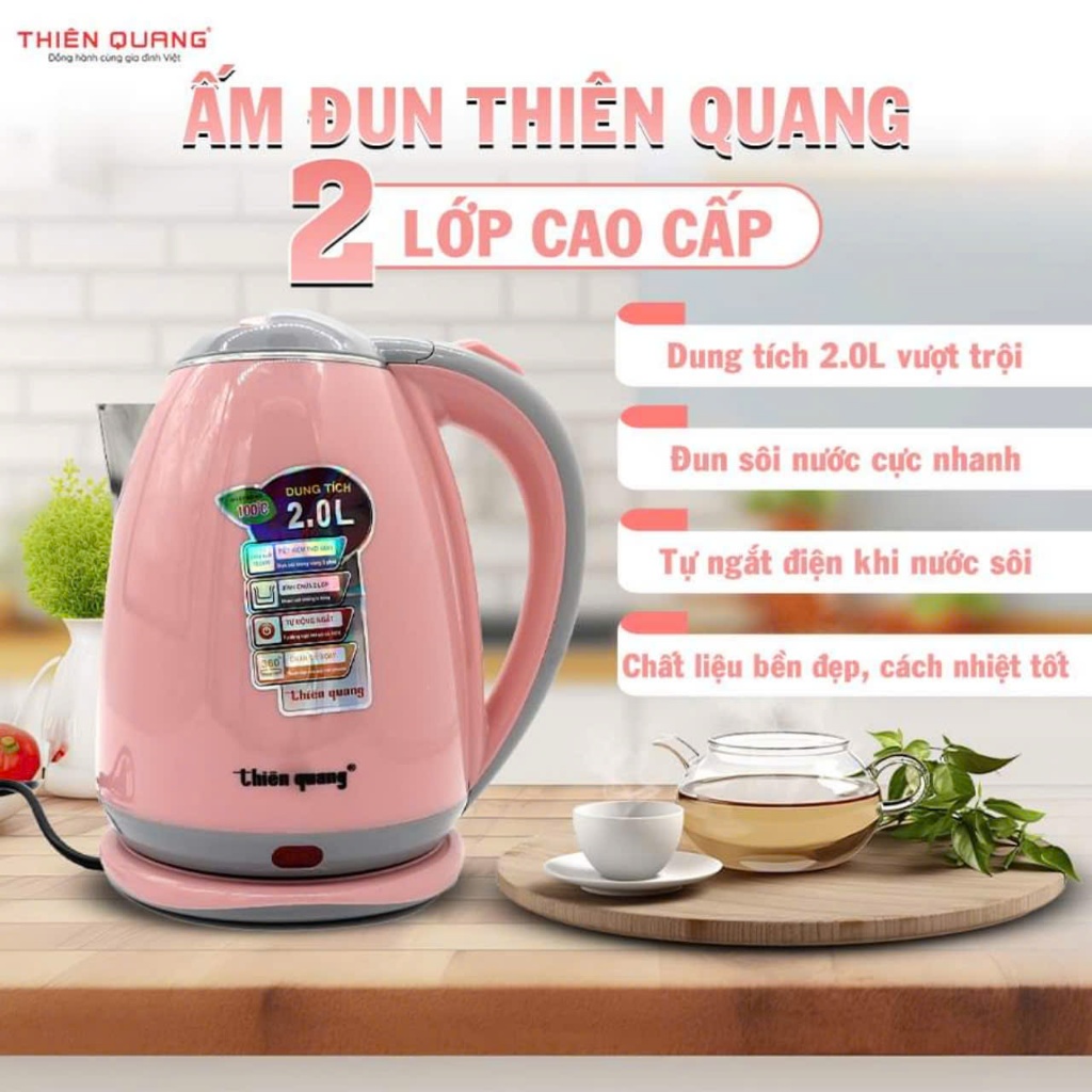 Ấm Đun Nước Siêu Tốc 2 Lớp Thiên Quang 2L, 1500W, Inox Cách Nhiệt, Tự Ngắt An Toàn, Tiết Kiệm Điện