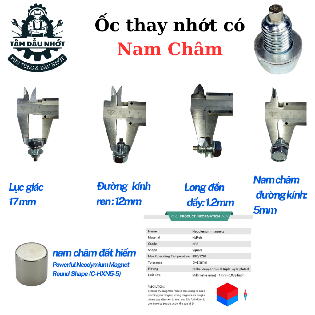 Ốc Nhớt có Nam Châm, Có lông đền nhôm, Thép mạ màu Titan thời trang, chống rỉ nhớt và bảo vệ động cơ khỏi mạt kim loại