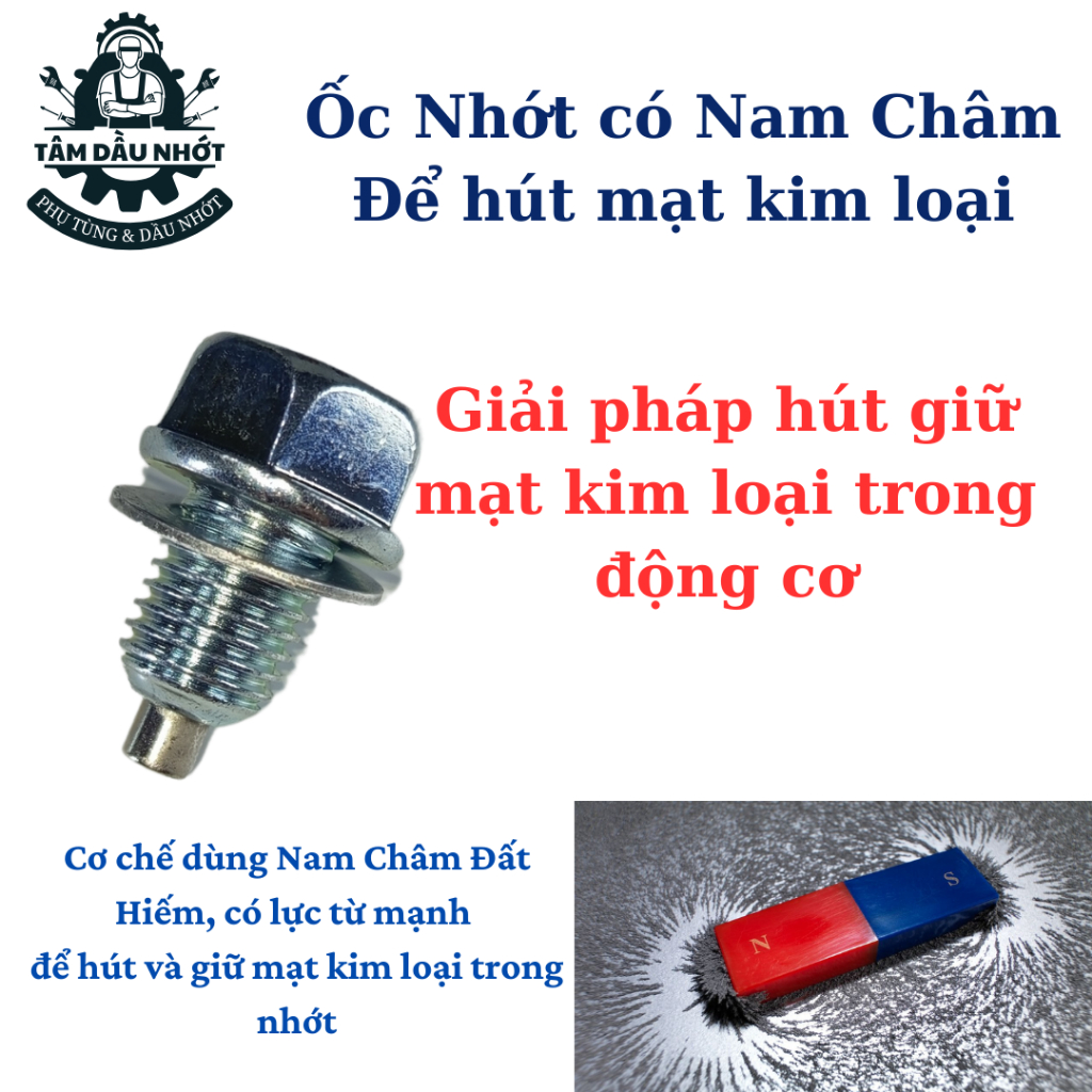 Ốc Nhớt có Nam Châm, Có lông đền nhôm, Thép mạ màu Titan thời trang, chống rỉ nhớt và bảo vệ động cơ khỏi mạt kim loại