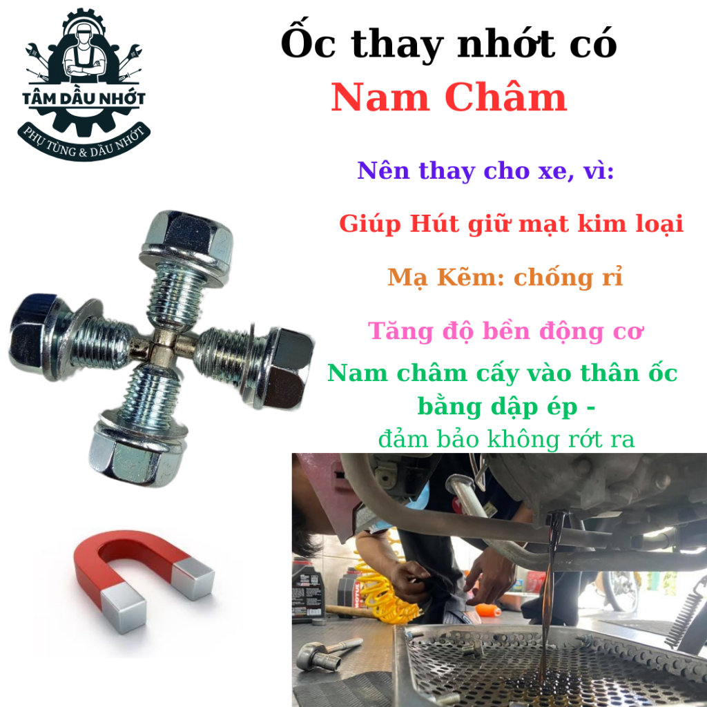 Ốc Nhớt có Nam Châm, Có lông đền nhôm, Thép mạ màu Titan thời trang, chống rỉ nhớt và bảo vệ động cơ khỏi mạt kim loại