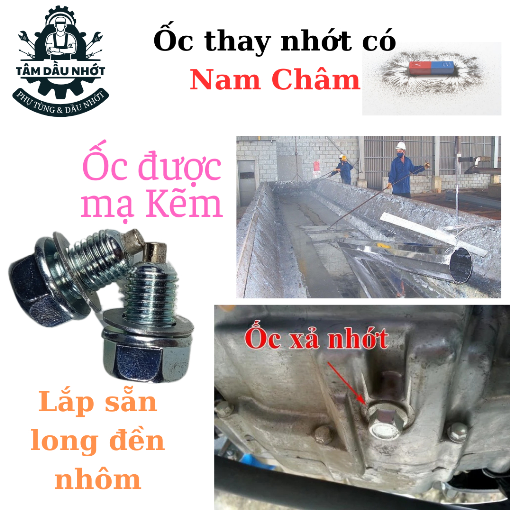Ốc Nhớt có Nam Châm, Có lông đền nhôm, Thép mạ màu Titan thời trang, chống rỉ nhớt và bảo vệ động cơ khỏi mạt kim loại