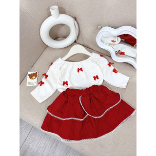 Váy bé gái,Sét áo trắng nơ đỏ mix váy xoè đỏ cho bé gái