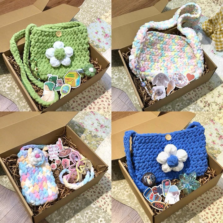 Túi kẹp nách bằng len, túi hoa len handmade, túi hoa đeo chéo, túi hoa len 5 cánh, quà tặng độc đáo, túi thiết kế riêng – 7