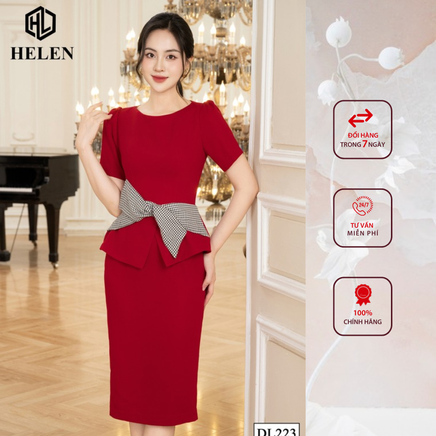 Đầm công sở HELEN thiết kế dáng ôm peplum màu đỏ cổ thuyền phối nơ eo zizac DL223