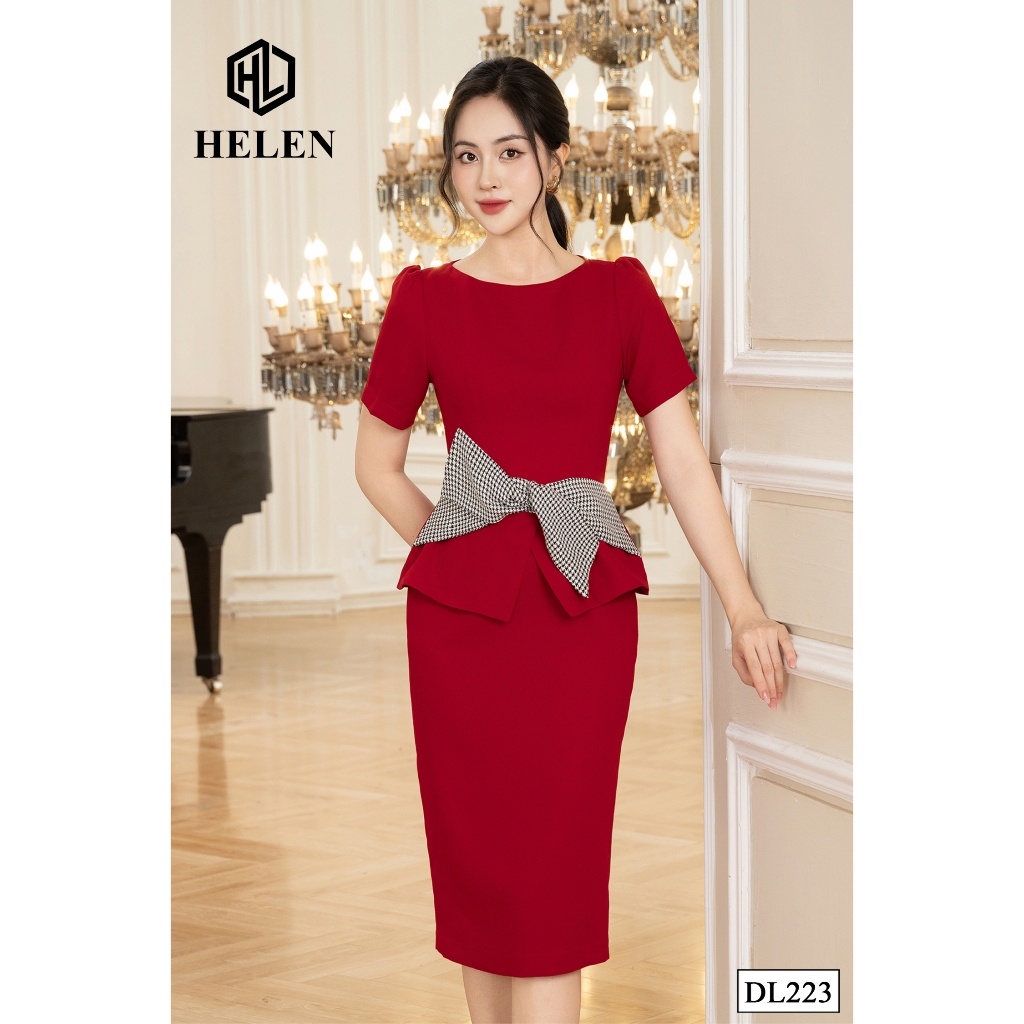 Đầm công sở HELEN thiết kế dáng ôm peplum màu đỏ cổ thuyền phối nơ eo zizac DL223