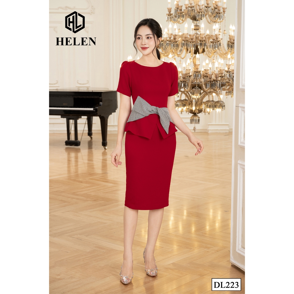 Đầm công sở HELEN thiết kế dáng ôm peplum màu đỏ cổ thuyền phối nơ eo zizac DL223