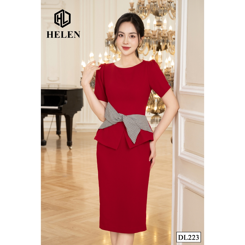 Đầm công sở HELEN thiết kế dáng ôm peplum màu đỏ cổ thuyền phối nơ eo zizac DL223