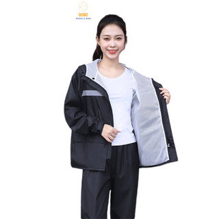 Quần Áo Mưa Bộ 2 Lớp Có Vạt Áo Chống Thấm Nước, Phong Cách Hàn Quốc, Có Mũ Nón, Phản Quang An Toàn