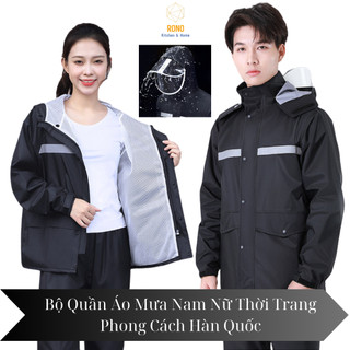 Quần Áo Mưa Bộ 2 Lớp Có Vạt Áo Chống Thấm Nước, Phong Cách Hàn Quốc, Có Mũ Nón, Phản Quang An Toàn