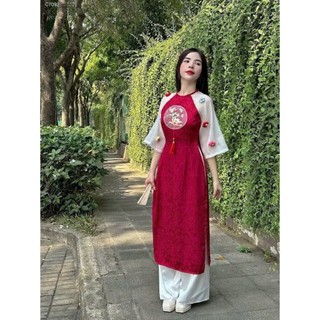 Set áo dài cách tân nữ mặc TẾT chất gấm đính bông nổi cổ tròn thêu họa tiết phối quần suông tuyết nhung cực xinh