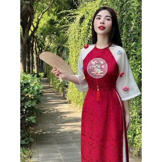Set áo dài cách tân nữ mặc TẾT chất gấm đính bông nổi cổ tròn thêu họa tiết phối quần suông tuyết nhung cực xinh