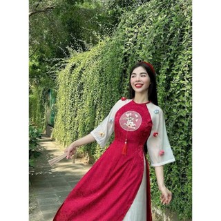 Set áo dài cách tân nữ mặc TẾT chất gấm đính bông nổi cổ tròn thêu họa tiết phối quần suông tuyết nhung cực xinh