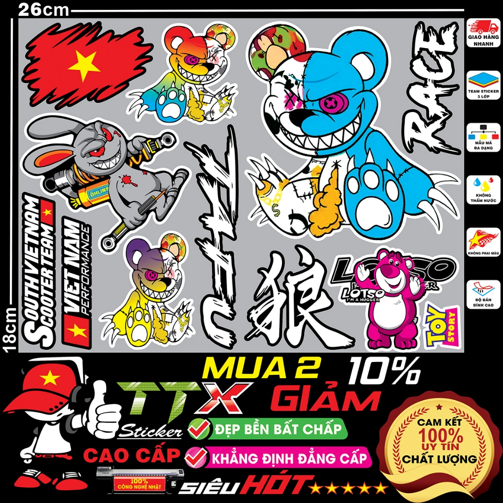 bộ tem sticker dán gấu quỷ bạo lực ma siêu hót trend - team, tafu, race ...