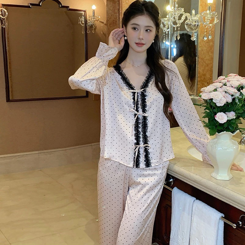 Set lụa mặc nhà hoạ tiết chấm bi phối ren viền thân áo, 2 phân loại ...