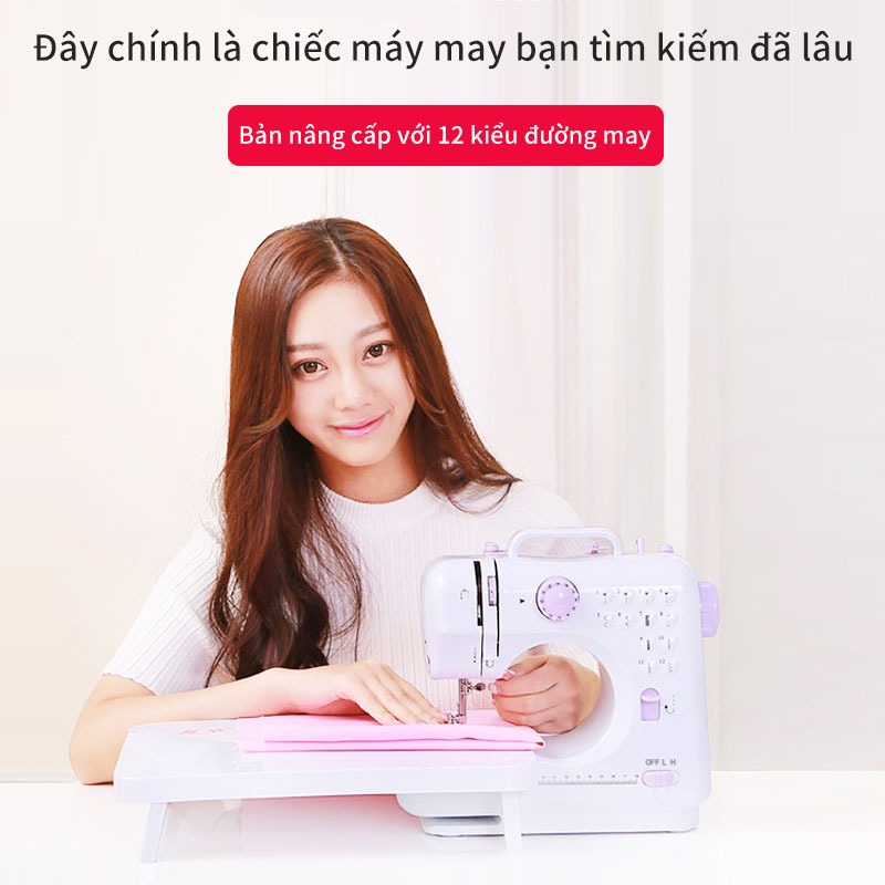 Máy May Mini Gia Đình, máy khâu mini gia đình12 đường may, máy vắt sổ, may được vải thun kèm chân vịt