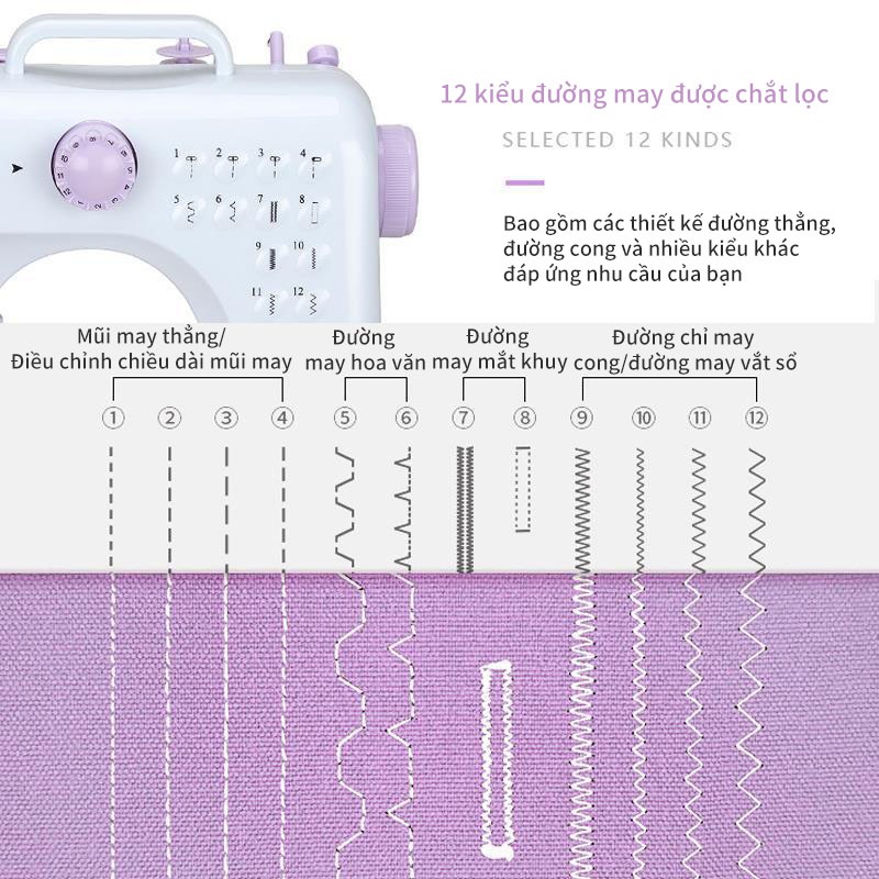 Máy May Mini Gia Đình, máy khâu mini gia đình12 đường may, máy vắt sổ, may được vải thun kèm chân vịt