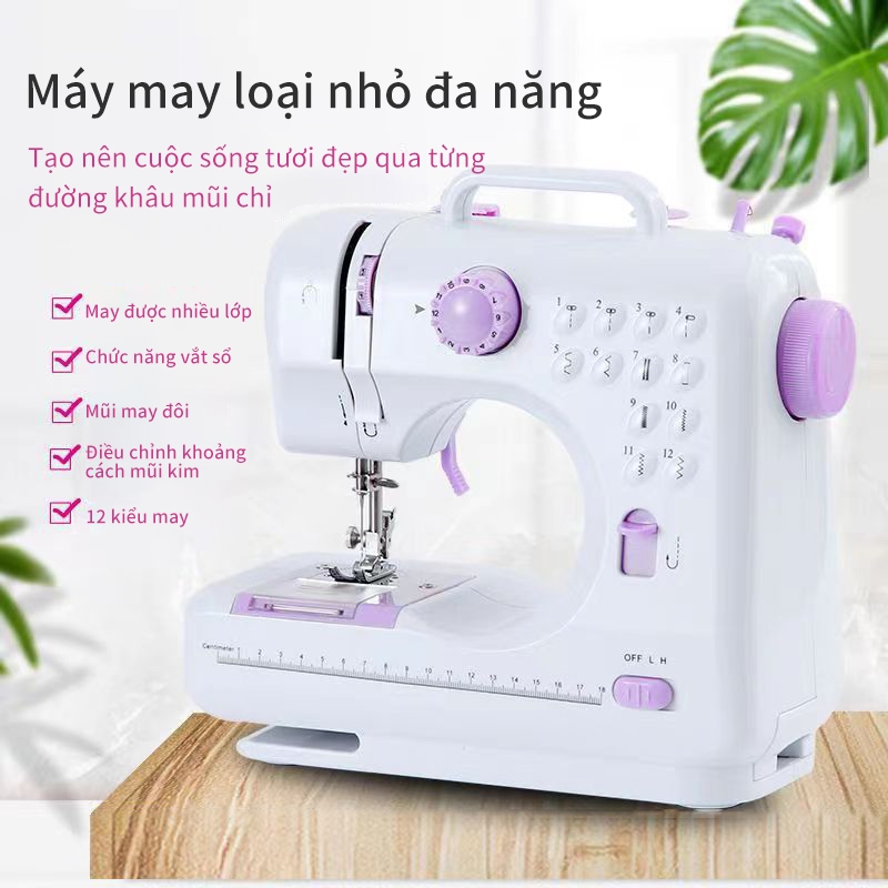 Máy May Mini Gia Đình, máy khâu mini gia đình12 đường may, máy vắt sổ, may được vải thun kèm chân vịt