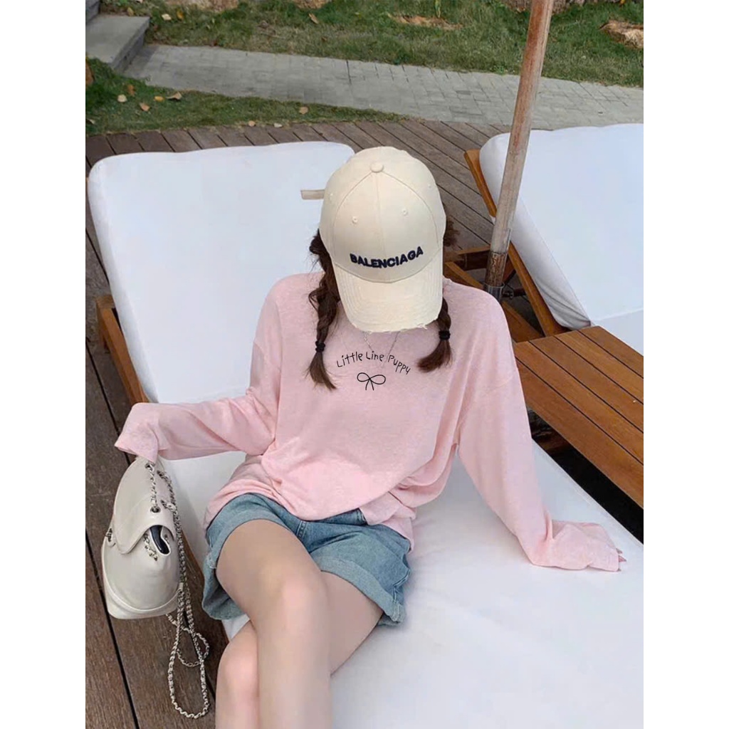 Áo thun nữ dài tay dáng rộng in hình Nơ Little JULY FASHION, Áo thun tay dài chất xượt, thun giấy form dài Stype Hàn Quo