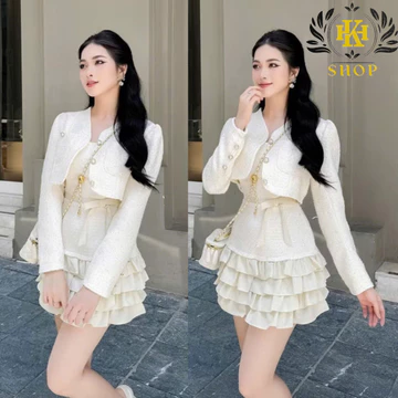 Váy dự tiệc Set váy dạ Chất dạ Quảng Châu dày dặn may 2 lớp kèm áo khoác croptop Chân váy xếp tầng sang chảnh