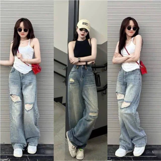 Quần jean bò ống rộng suông xuông nữ jeans cạp cao phong cách style ms01