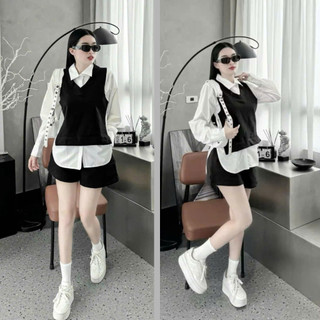 Set đồ bigsize nữ áo sơ mi trắng phối ghi lê chất ruby kèm quần đùi ống rộng lưng thun thời trang mặc sang SET944