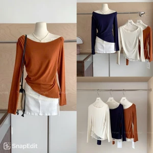 Triangle - Mature long sleeved Shirt (Cân nhắc kỹ, return is not welcomed)- Áo thun vai nghiêng phối ren dài tay