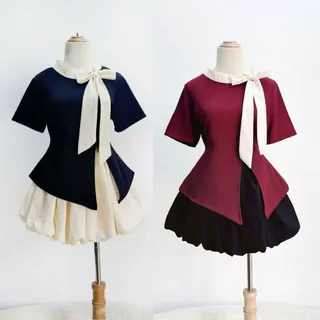 Set Bộ Bigsize Nữ Áo Kiểu Nơ Lệch Tiểu Thư Chất Thun Ruby Phối Váy Bí Xòe Vải Xoa Lưng Cao SET935