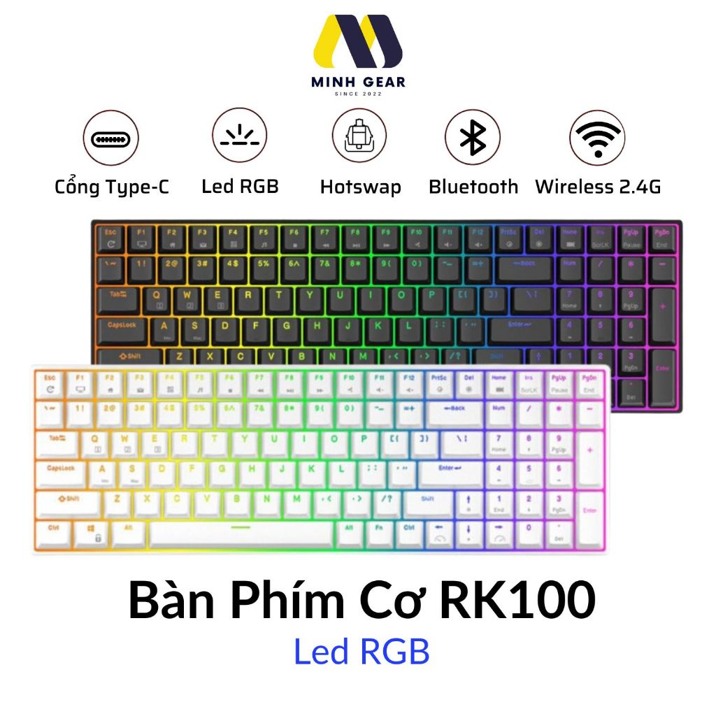 Bàn phím cơ bluetooth không dây RK100 Led RGB có Hotswap (Bluetooth 5.0 ...