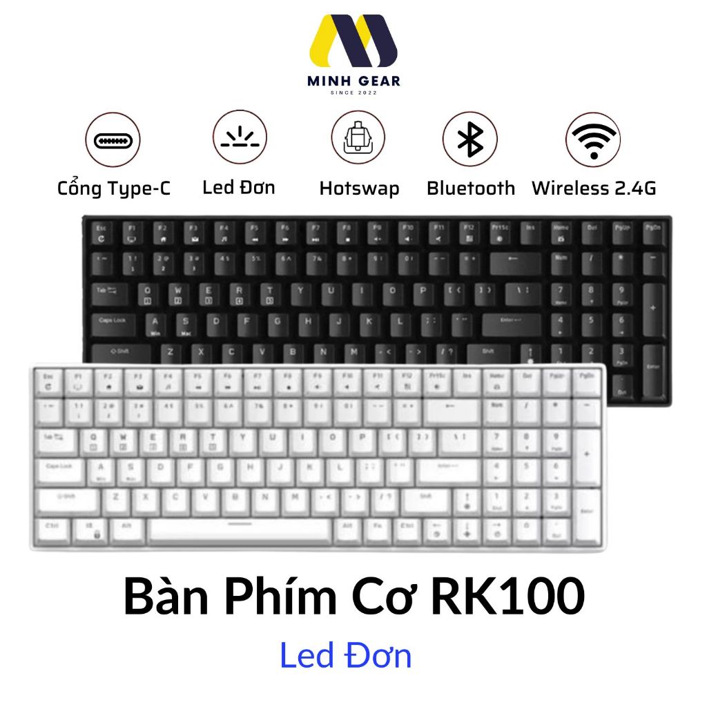 Bàn phím cơ bluetooth không dây RK100 Led RGB có Hotswap (Bluetooth 5.0 ...