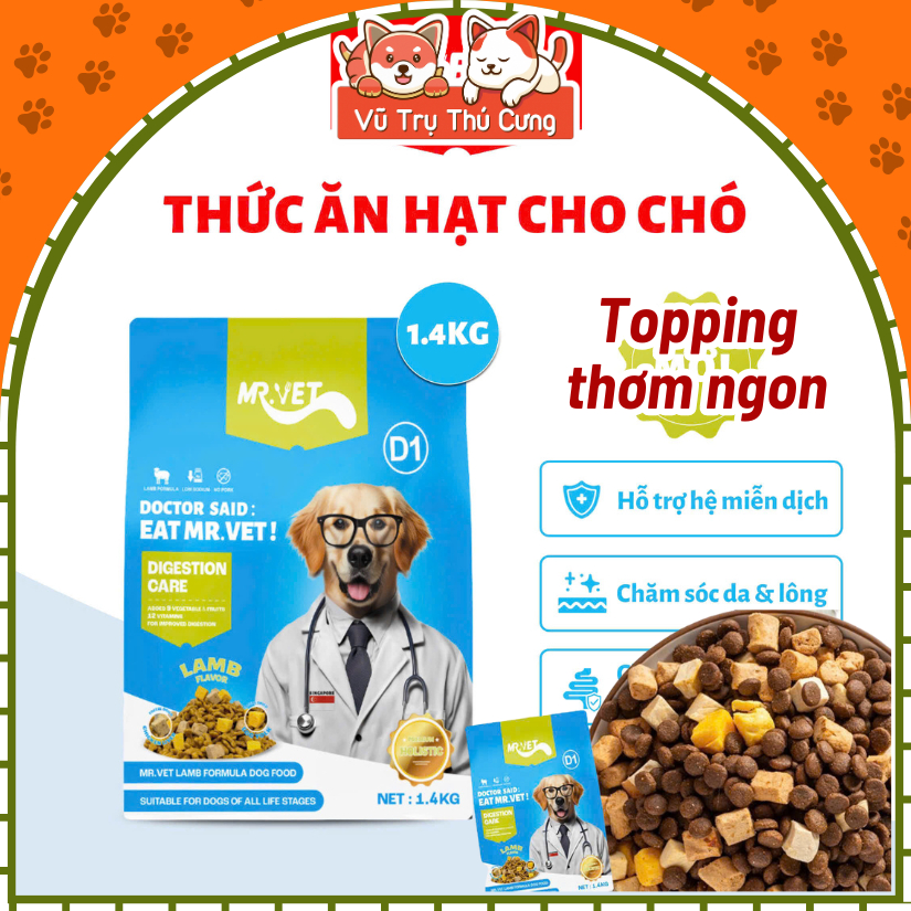 (1.4Kg) Thức Ăn Hạt Mr.Vet Cho Chó Không Độn Ngũ Cốc & Topping Thịt Sấy