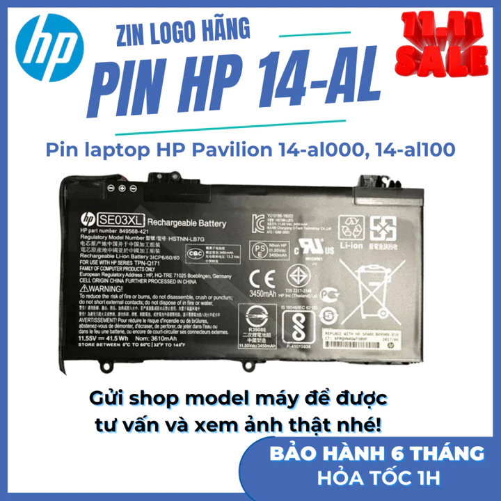 Pin Laptop HP Pavilion 14-AL 14-AV 14-AL115TU, AL115TU, 14-AL000, 14-AL027TX 14-AL037TX mã pin SE03XL Pin Zin Logo Hãng