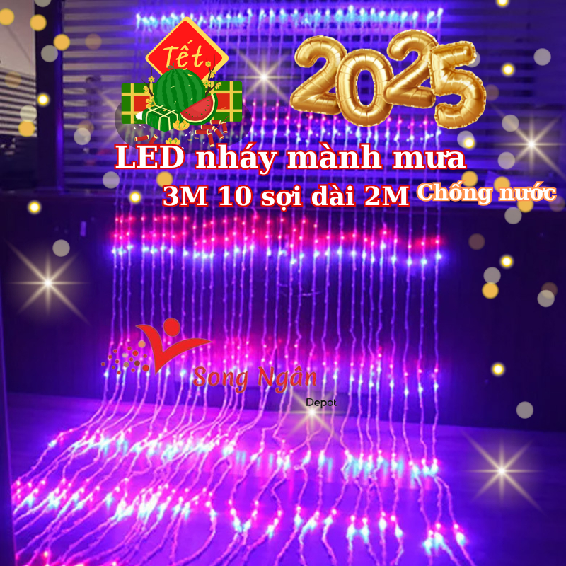 Đèn LED Rèm Mành Mưa 3x2m - Hiệu Ứng Thác Nước, 10 Sợi Nháy, 8 Chế Độ ...